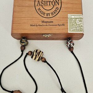 Cigar Box Purse Wooden Ashton Cigars Lined Leopard Print Fabric Beaded  Handle